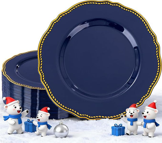 Hioasis 60pcs Blue Plastic Plates - Blue and Gold Disposable Dinnerware with Gold Rim, Heavy-duty, 10.25 inch, Dinner Plates for Party & Wedding