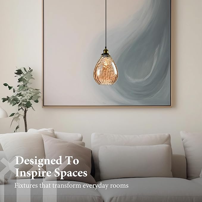 Modern Glass Pendant Light, 8"x9.6" Amber Ribbed Hanging Light Fixture with Gold Cap, 15"-72" Adjustable Cord, E26 Socket for Kitchen or Entryway – Sunrise Glow Teardrop