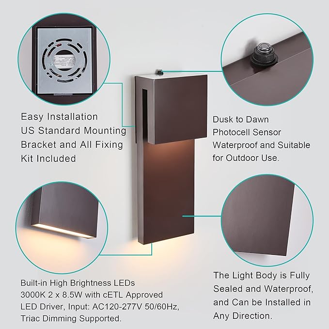 15IN Outdoor Wall Sconce Fixture,Dusk to Dawn Patio Lights,Waterproof Exterior Lamp,Modern Wall Mounted with 17W 3000K LED, Bronze Finish,Outside Lights for House Front Door Entryway