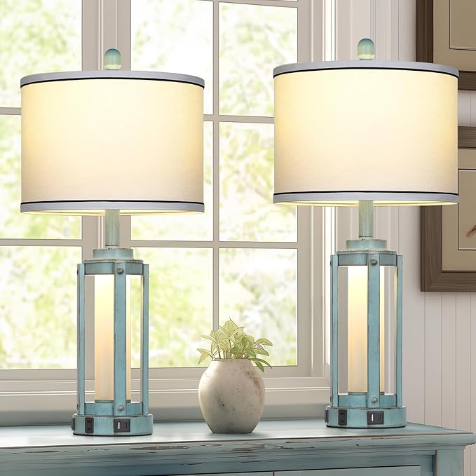 Table Lamp for Living Room, Vintage Rustic Industrial Farmhouse Lamps with USB A+C Charging Ports & AC Outlet, Beside Nightstand Metal Lamp with LED Night Light & Fabric Shade for Bedrooms