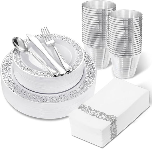 WELLIFE 210pcs Dinnerware Set - Silver Rimmed Plastic Plates Disposable Heavy Duty, Disposable Plastic Plates with Silver Rim, Water-proof, Break-proof, Best Choice for Any Party