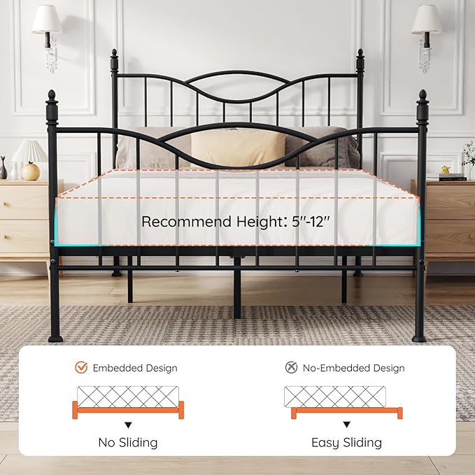Full Size Bed Frame with Headboard,14 Inch Tall Metal Platform Bed Frame Mattress Foundation with Footboard, Under Bed Storage, Strong Metal Slats Support, No Box Spring Needed, Black