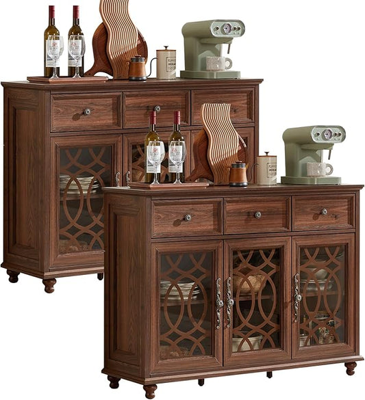 Farmhouse Sideboard Buffet Cabinet Set of 2 with Storage,48" Large Credenza with 3 Glass Doors & 3 Drawers,Adjustable Shelves Console Table,Wood Kitchen Coffee Bar for Dining Room,Brown