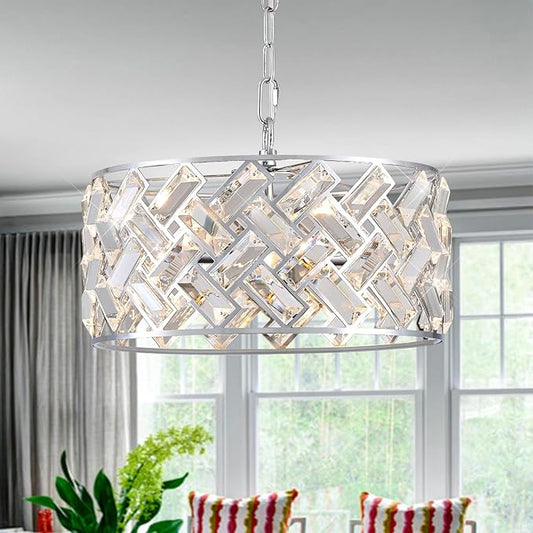 Chrome Crystal Chandeliers, 4-Light Modern Semi Flush Mount Ceiling Light, D12'' Small Round Crystal Hanging Pendant Light Fixtures for Dining Room Kitchen Island Entryway Hallway