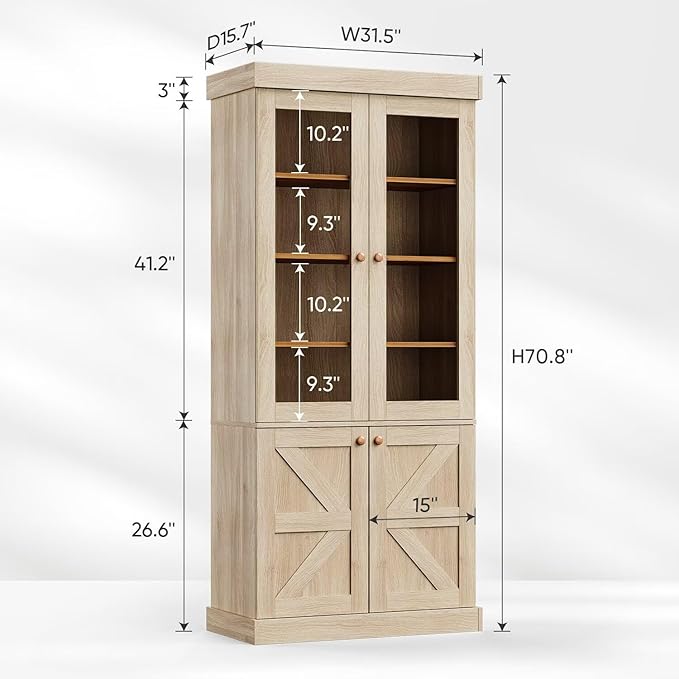 Vyre 71" Tall Farmhouse Bookshelves with Glass Doors, Set of 2 – Large Modular Bookcase with Adjustable Shelves, Storage Cabinet for Living Room, Kitchen, Home Office, Brown