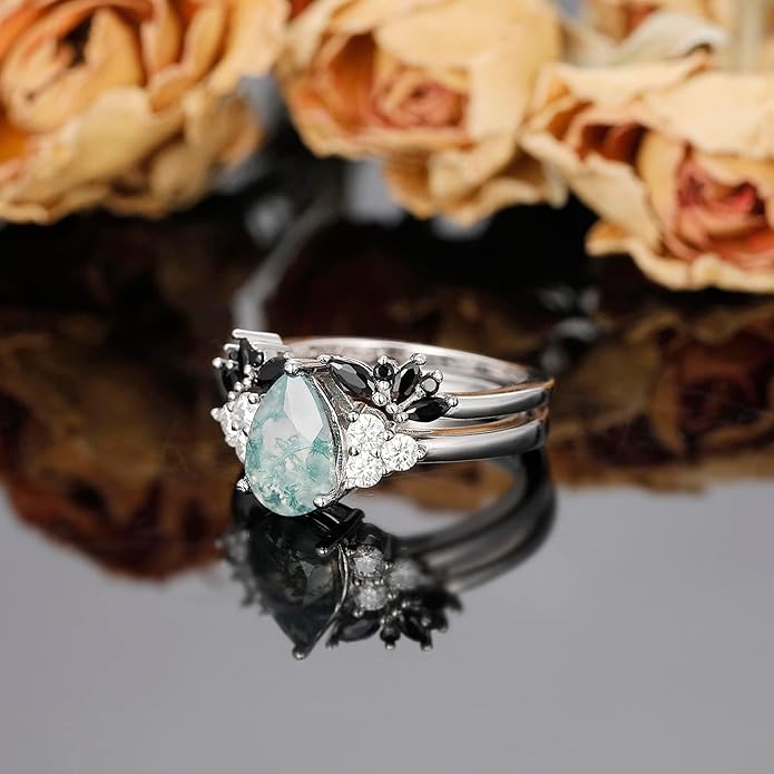 Black Gold Plated Natural Moss Agate Bridal Wedding Ring Sets for Women, 925 Sterling Silver Gothic Vintage Promise Rings and Eternity Black Spinel Band for Her - Boho Art Deco Platinum Plated Engagement Rings Size 4-9