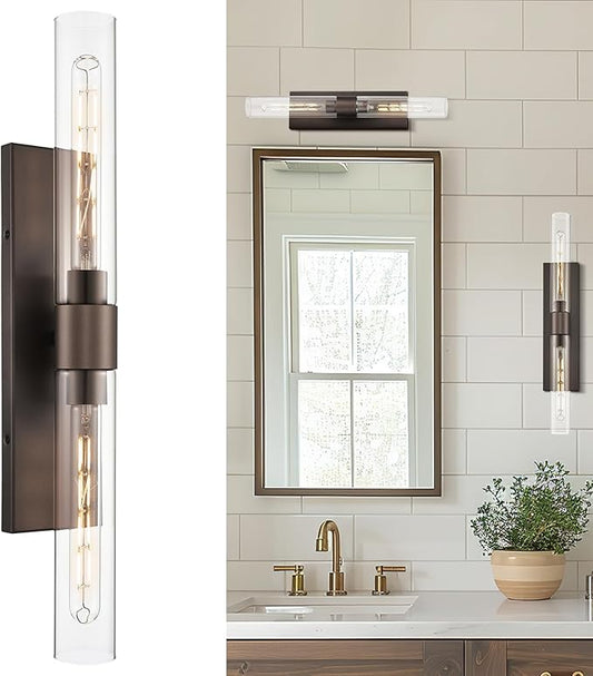 Farmhouse Wall Sconce, HWH 24'' 2-Light Bathroom Vanity Light Fixtures Over Mirror, Vanity Light Bar Cylinder Wall Lamp Vertical and Horizontal, Oil-Rubbed Bronze Finish, 5HY104B-2W ORB