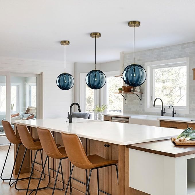 1-Light Vintage Glass Pendant Lights Kitchen Island Modern Large Blue Globe Pendant Light Fixture Brushed Gold Pendant Light Mid Century Hanging Ceiling Light Industrial Pendant Lighting