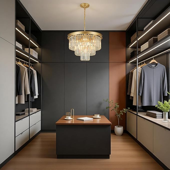 Crystal Chandeliers for Dining Room Lights Fixtures, 9 Lights Gold Modern Chandeliers for Bedroom, 3-Tier Round Crystal Lighting Fixtures for Living Room Entryway Kitchen Island D20 Inch