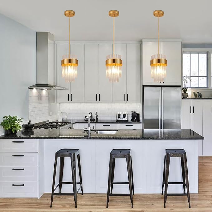 Dijiahua Pendant Lights Kitchen Island Gold 3 Pack,Crystal Pendant Light Fixtures Over Table, Mini Brass Dining Room 1-Light Chandelier,Modern Adjustable Cord Hanging Lamp for Bedroom,Sink