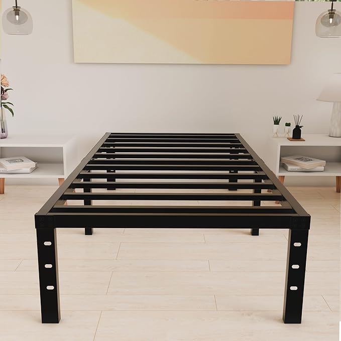 14 Inch Metal Twin XL Bed Frame No Box Spring Needed - Easy Assembly Heavy Duty Noise Free Narrow Bedframes - Single Black Basic Steel Slats Platform with Storage