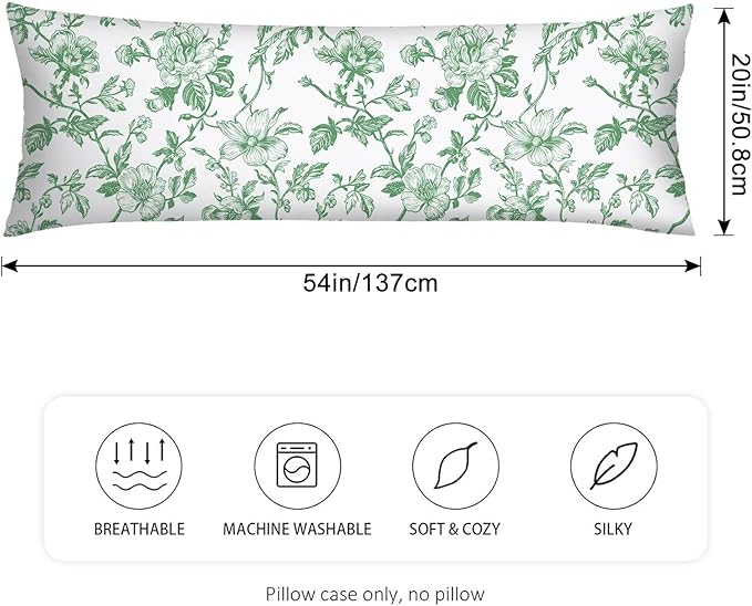 Green and White Porcelain Floral Body Pillow Cover Vintage Flowers Long Pillow Case with Zipper,Florals Lumbar Pillows Cases,Chinoiserie Decorative Soft Bed Cushion Covers for Bedroom,Sofa,"20x54"
