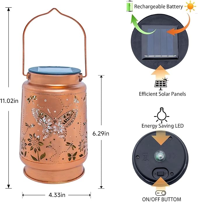 2 Pack Butterfly Solar Lanterns Outdoor Waterproof Hanging Solar Lights Gifts for Women Men Mom Metal Decorative LED Lanterns Outside for Garden, Yard, Patio, Lawn, Porch, Backyard