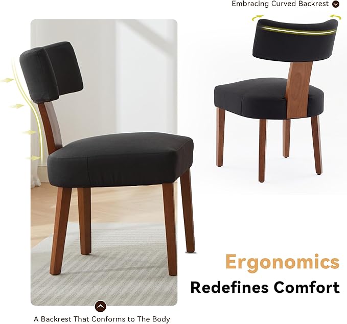 FOXHUNTER Upholstered Dining Chairs Set of 4, Modern Wooden Armless Kitchen Chairs with Curved Backrest, Mid-Century Farmhouse Dining Side Chairs, Linen Black