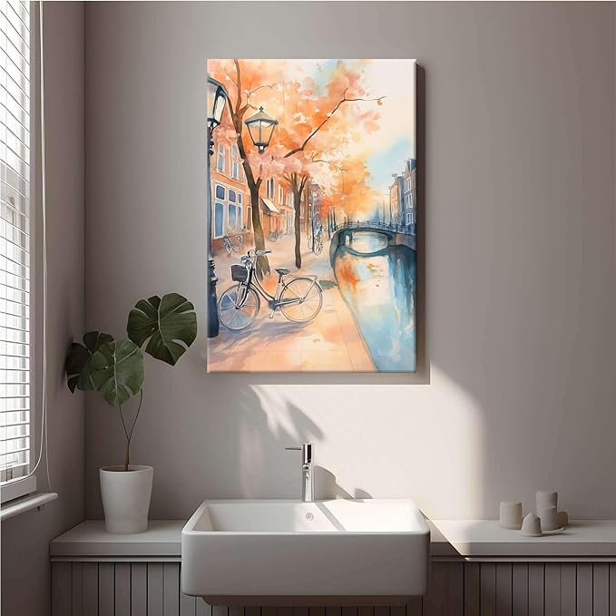 Framed Canvas Prints Amsterdam Canal Bikes Watercolor Painting Netherlands Wall Art Print Amsterdam Cityscape Travel Poster Europe Art Print 8x12in-Framed