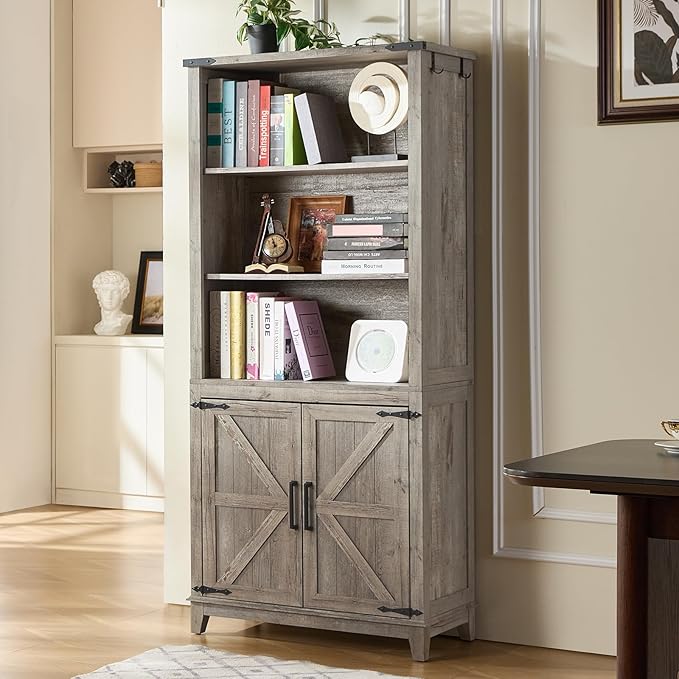 5 Tier Bookshelf 70in Tall Bookcase with Barn Doors and Storage Cabinet, Grey Farmhouse Book Shelf with Adjustable Shelves, Wood Freestanding Display Bookshelves for Bedroom, Kitchen (3 PCS)