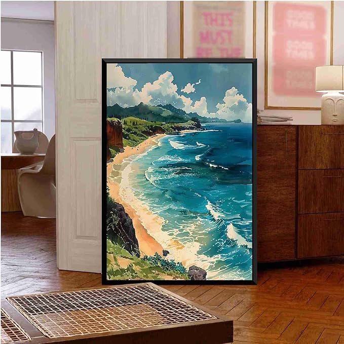 Framed Canva Prints Maui Watercolor Painting Hawaii Wall Art Maui Poster Home Décor Art Lovers Gift Watercolor Print Wall Hanging 20x30in-Black-Metal-Framed