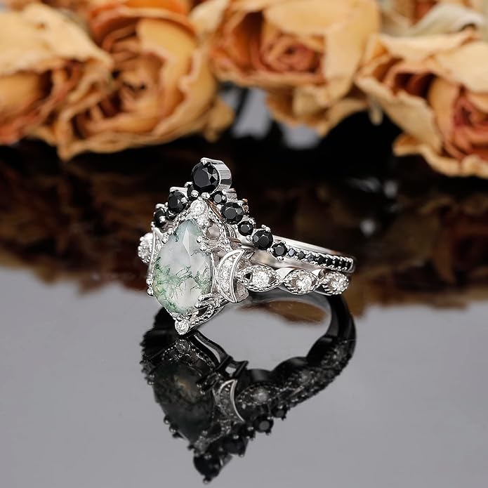 Black Gold Plated Natural Moss Agate Bridal Wedding Ring Sets for Women, 925 Sterling Silver Gothic Vintage Promise Rings and Eternity Black Spinel Band for Her - Boho Art Deco Platinum Plated Engagement Rings Size 4-9