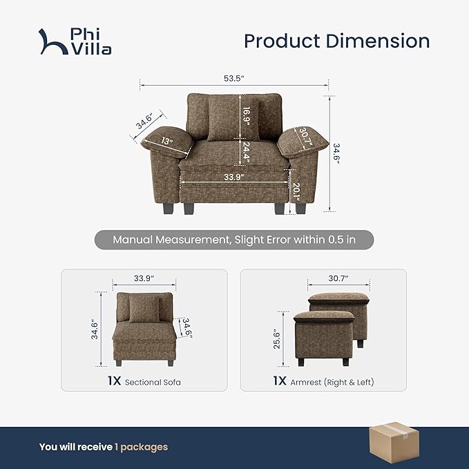 PHI VILLA Oversized Single Sofa with Deep Seat, Armchair for Small Spaces Bedroom Reading Modern, 1 Seater Comfy Reading Accent Chair, Chenille Fabric, Taupe