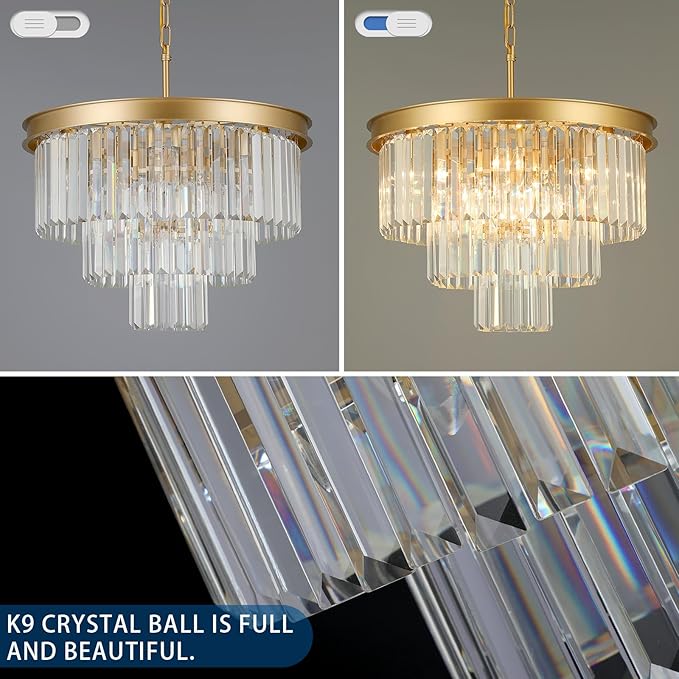Crystal Chandeliers for Dining Room Lights Fixtures, 9 Lights Gold Modern Chandeliers for Bedroom, 3-Tier Round Crystal Lighting Fixtures for Living Room Entryway Kitchen Island D20 Inch