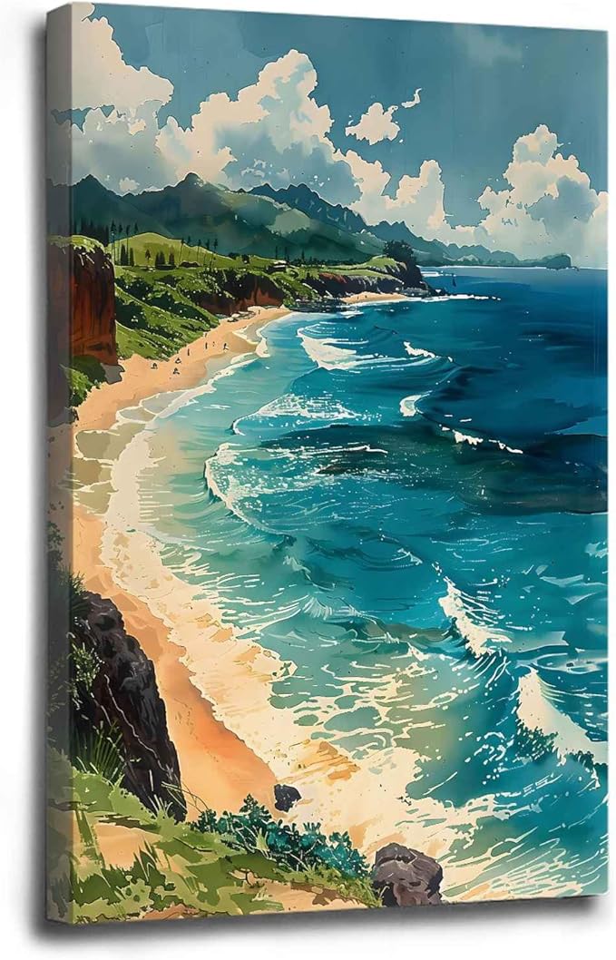 Framed Canva Prints Maui Watercolor Painting Hawaii Wall Art Maui Poster Home Décor Art Lovers Gift Watercolor Print Wall Hanging 20x30in-Framed