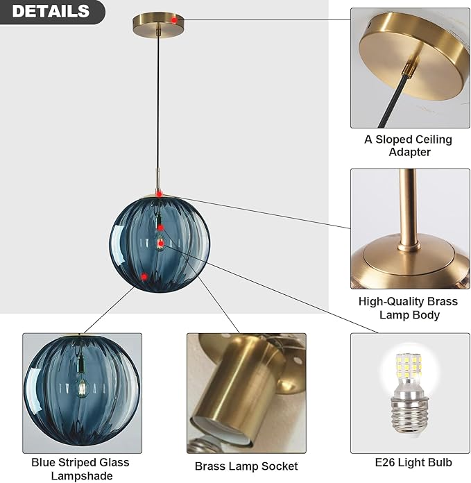 1-Light Vintage Glass Pendant Lights Kitchen Island Modern Large Blue Globe Pendant Light Fixture Brushed Gold Pendant Light Mid Century Hanging Ceiling Light Industrial Pendant Lighting