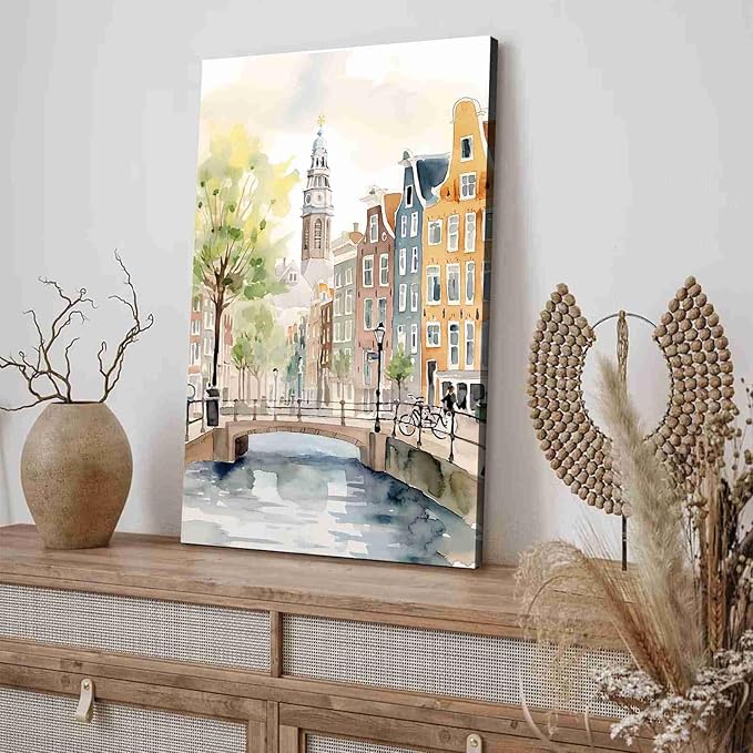 Pastel Canal Cityscape Canvas Art - Riverside Watercolor Architecture Print with Clock Tower & Bicycle Path - European-Style Townscape Wall Decor for Living Room Serenity