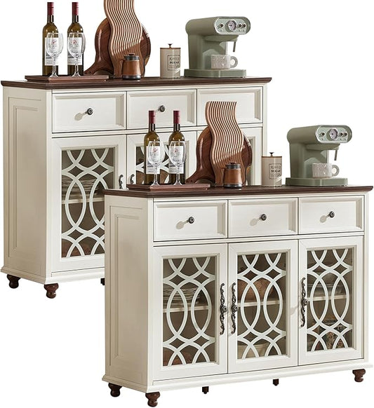 Farmhouse Sideboard Buffet Cabinet Set of 2 with Storage,48" Large Credenza with 3 Glass Doors & 3 Drawers,Adjustable Shelves Console Table,Wood Kitchen Coffee Bar for Dining Room,White