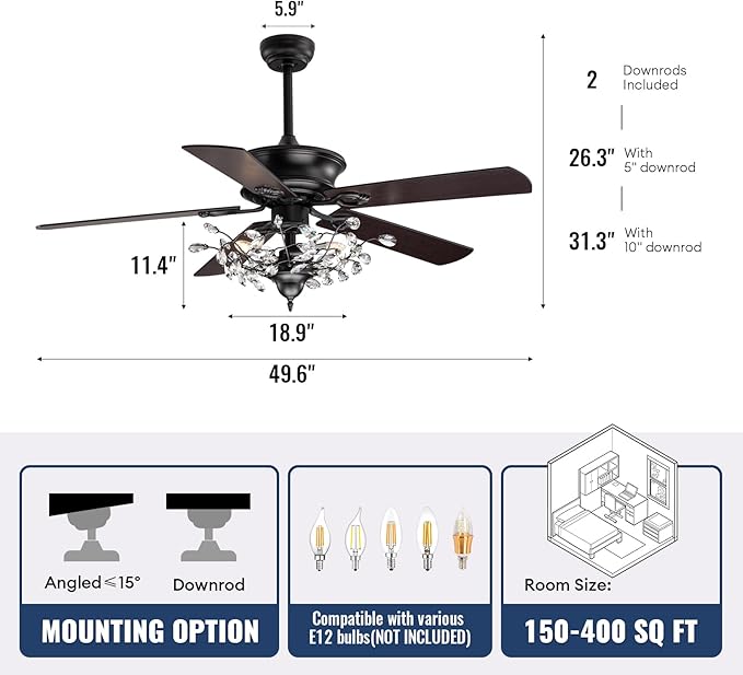 50" Reversible Crystal Ceiling Fan with Lights, Black Vintage Chandelier Fan with Remote Control, 6-Speed Adjustable & Quiet Motor – Fandelier for Bedroom, Living Room, Dining Room