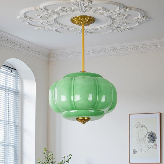 Milk Glass Pendant Light Semi Flush Mount Ceiling Light Antique Brass15 Inch Vintage Chandelier for Kitchen, Dining, Bedroom Green