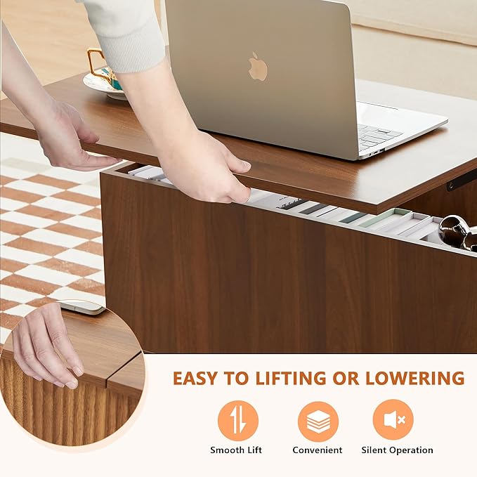 Coffee Table with Lift Top, Fluted Lift Top Coffee Table with Hidden Compartments, Mid Century Modern Rising Dining Center Tables for Living Room Office Small Space (Walnut)