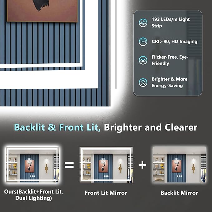 60x28 LED Bathroom Mirror with Lights, Backlit + Front Lit, Anti-Fog Lighted Vanity Mirror for Bathroom Wall with 3 Colors, Dimmable, Memory, Shatter-Proof, HD Tempered Glass, ETL Listed