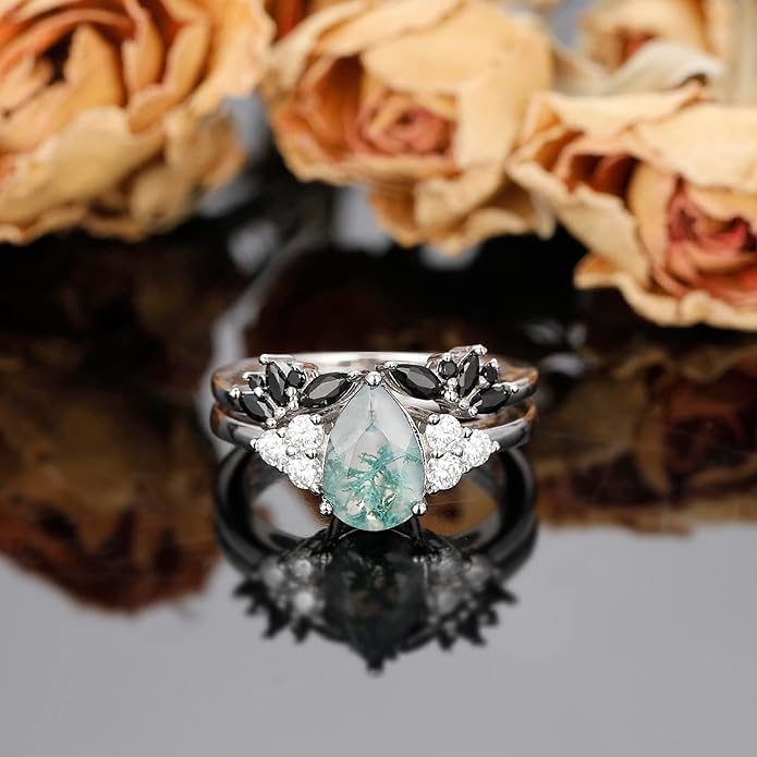 Black Gold Plated Natural Moss Agate Bridal Wedding Ring Sets for Women, 925 Sterling Silver Gothic Vintage Promise Rings and Eternity Black Spinel Band for Her - Boho Art Deco Platinum Plated Engagement Rings Size 4-9