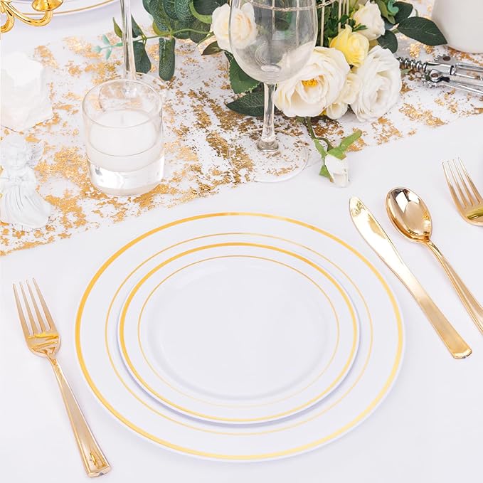 DaYammi 150pcs Gold Plastic Dinnerware Sets, Includes: 30 Gold Rim Dinner Plates, 30 Salad Plates, 30 Plastic Silverware Set, Perfect Fancy Disposable Plates for Party and Wedding