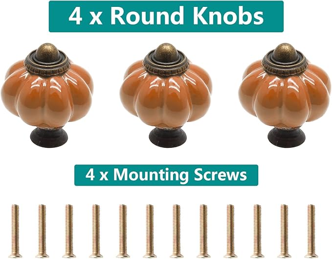 4pcs Rust Orange Vintage Ceramic Cabinet Knobs, Dresser Knobs with Mounting Screws