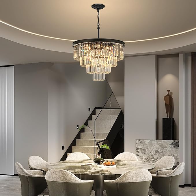 Crystal Chandeliers for Dining Room Lights Fixture Over Table, 15 Lights Black Modern Chandeliers for Living Room, 4-Tier Round Crystal Lighting Fixtures for Bedroom Entryway Kitchen Island D24 Inch