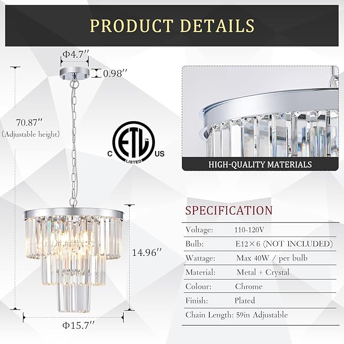 Modern Chrome Crystal Chandeliers 16" Small Pendant Light Luxury 3 Tiers 6-Light K9 Crystal Ceiling Pendant Round Light Fixture for Dining Room Entryway Kitchen Bedroom Closet