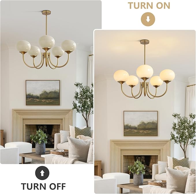 5 Light Mid Century Modern Chandelier Vintage Glass Globe Chandelier Brass Gold Ceiling Pendant Light Retro Chandeliers for Dining Room Kitchen