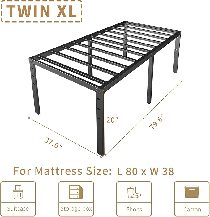20 Inch Twin XL Size Bed Frame, No Box Spring Needed, Heavy Duty Black Metal Platform Mattress Foundation with Steel Slats, Non-Slip Noise Free Easy Assembly, Large Storage