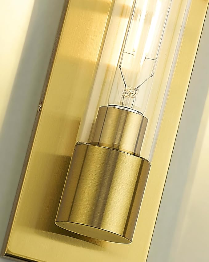 1-Light Bathroom Vanity Light, HWH Modern Sconce Wall Lighting with Cylinder Clear Glass Shade, Vanity Wall Sconce in Brushed Gold Finish for Bedroom Kitchen Powder Room, 5HY104B BG