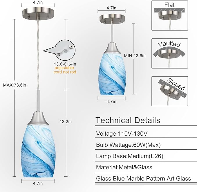 Mini Glass Pendant Light 1-Pack with Handblown Blue Marble Art Oval Glass Lamp Ceiling Hanging Light 4.72" Small Chandelier for Dining Room Kitchen Foyer Hallway