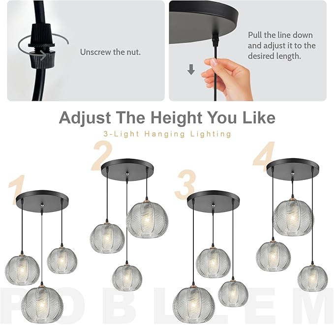 Smoke Gray Glass Pendant Lights Kitchen Island 3-Light Cluster Pendant Lighting Vintage Dining Room Multi Pendant Light Fixture Ceiling Hanging Globe Chandelier for Entryway Staircase