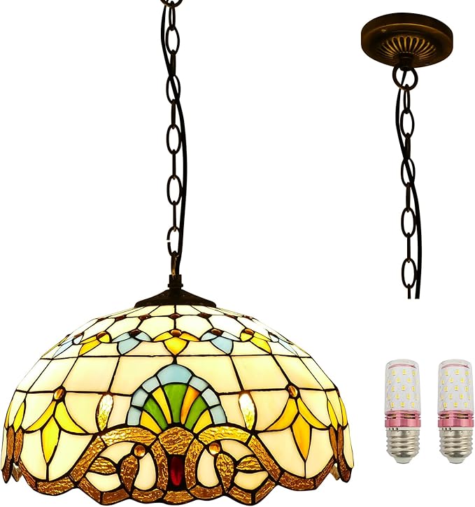 Tiffany Pendant Light Stained Glass Chandelier Victorian Hanging Lighting Fixture for Dining Living Room Kitchen Island Study Hallway,15 inch
