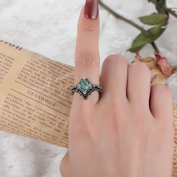 Black Gold Plated Natural Moss Agate Bridal Wedding Ring Sets for Women, 925 Sterling Silver Gothic Vintage Promise Rings and Eternity Black Spinel Band for Her - Boho Art Deco Platinum Plated Engagement Rings Size 4-9