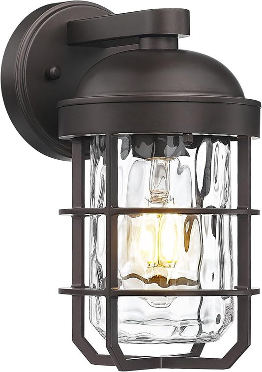 Emliviar Retro Wall Lamp Wall Mounted for House, Medium 1-Light Exterior Wall Lighting with Metal Cage, Oil Rubbed Bronze with Water Ripple Glass Shade, GE255BL ORB-WG