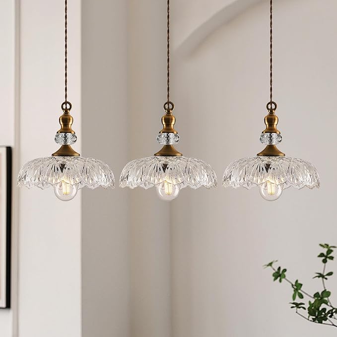CVKASH Vintage Glass Pendant Light Fixture 3-Pack Brass Modern Adjustable Chandelier Farmhouse Hanging Ceiling Light for Hallway Porch Kitchen Bedroom Coffee Shop Dining Room