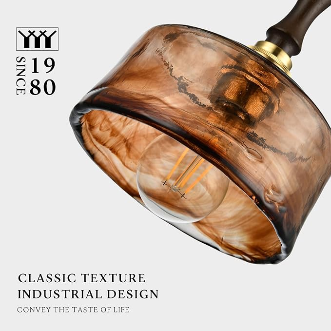 Modern Amber Glass Pendant Light, 6.7"x9.2" Round Hanging Fixture with Golden Wood Accent & Brass Cap, 15"-72" Adjustable Line, E26 Socket – Golden Amber Circle