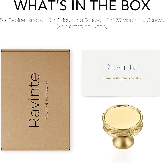 Ravinte 5 Pack 1-1/5"(30mm) Brushed Brass Cabinet Knobs Knurled Dresser Drawer knobs Kitchen Cupboard Handles for Cabinet Hardware