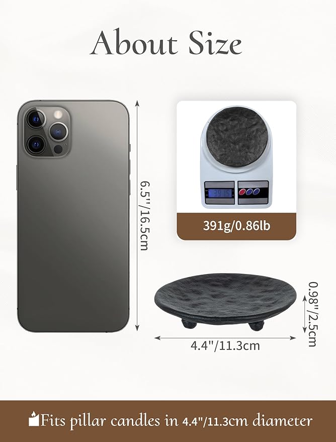 Cast Iron Pillar Candle Holder: 4.6 in Black Pillar Candle Plate Pedestal Stand Vintage Decorative Tray for 3 Wick Jar Candles Tealight Votive for Table Home Halloween Set of 2