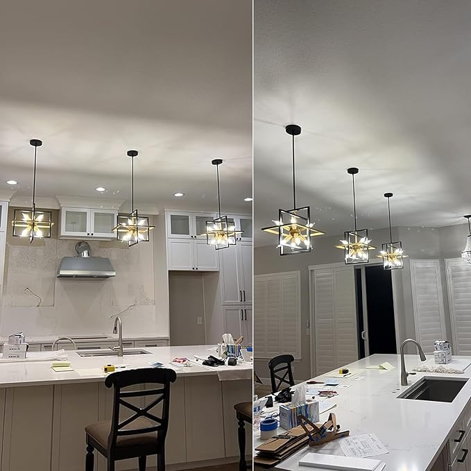 Small Black Gold Chandelier, Modern 8-Light Geometric Pendant Light Fixture, Industrial Square Hanging Chandelier for Dining Room, Kitchen Island, Foyer, Hallway